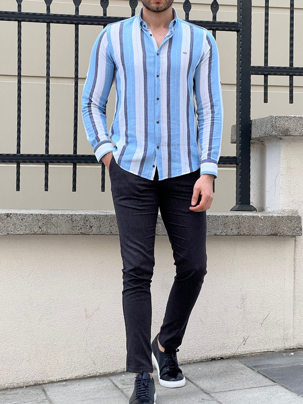 Blue Slim Fit Striped Casual Shirt for Men by GentWith.com with Free Worldwide Shipping
