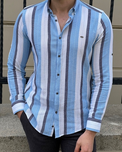 Blue Slim Fit Striped Casual Shirt for Men by GentWith.com with Free Worldwide Shipping