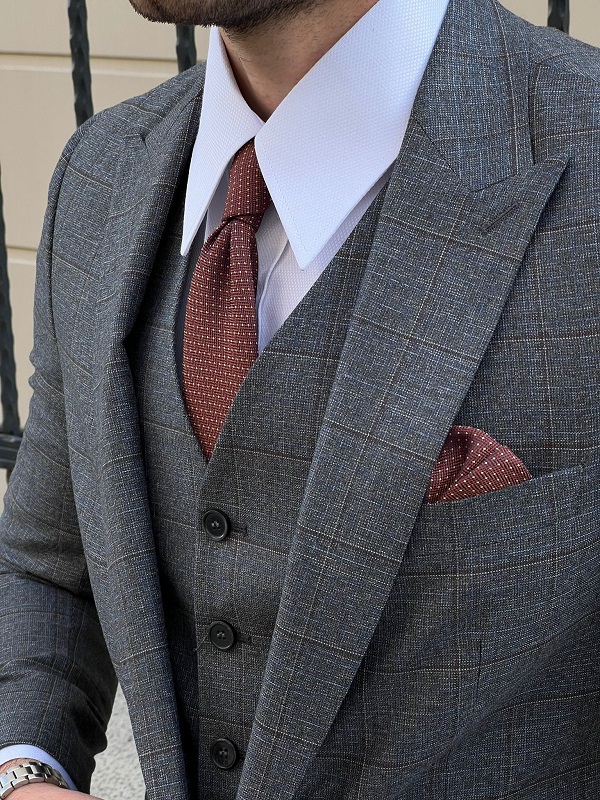 GentWith Hazard Smoked Slim Fit Peak Lapel Plaid Wool Suit - GENT WITH