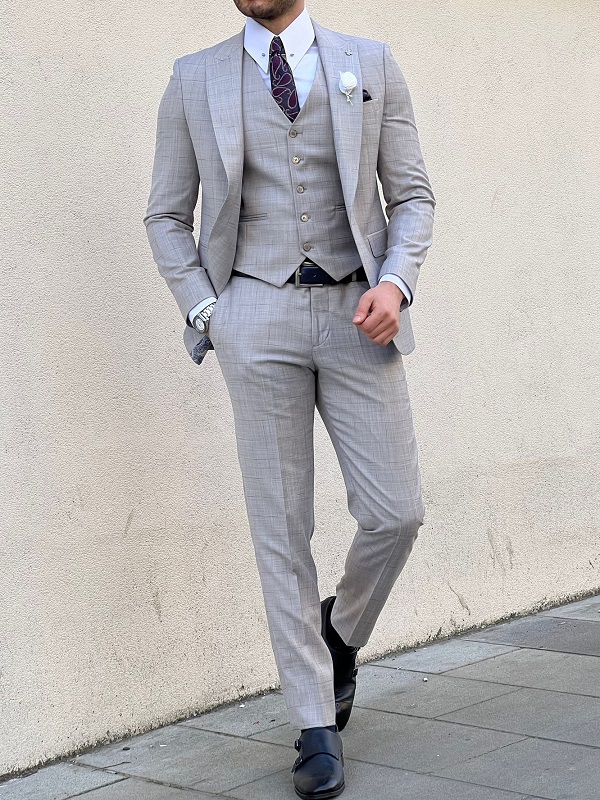 Light Gray Slim Fit Peak Lapel Plaid Wool Suit for Men by GentWith.com with Free Worldwide Shipping