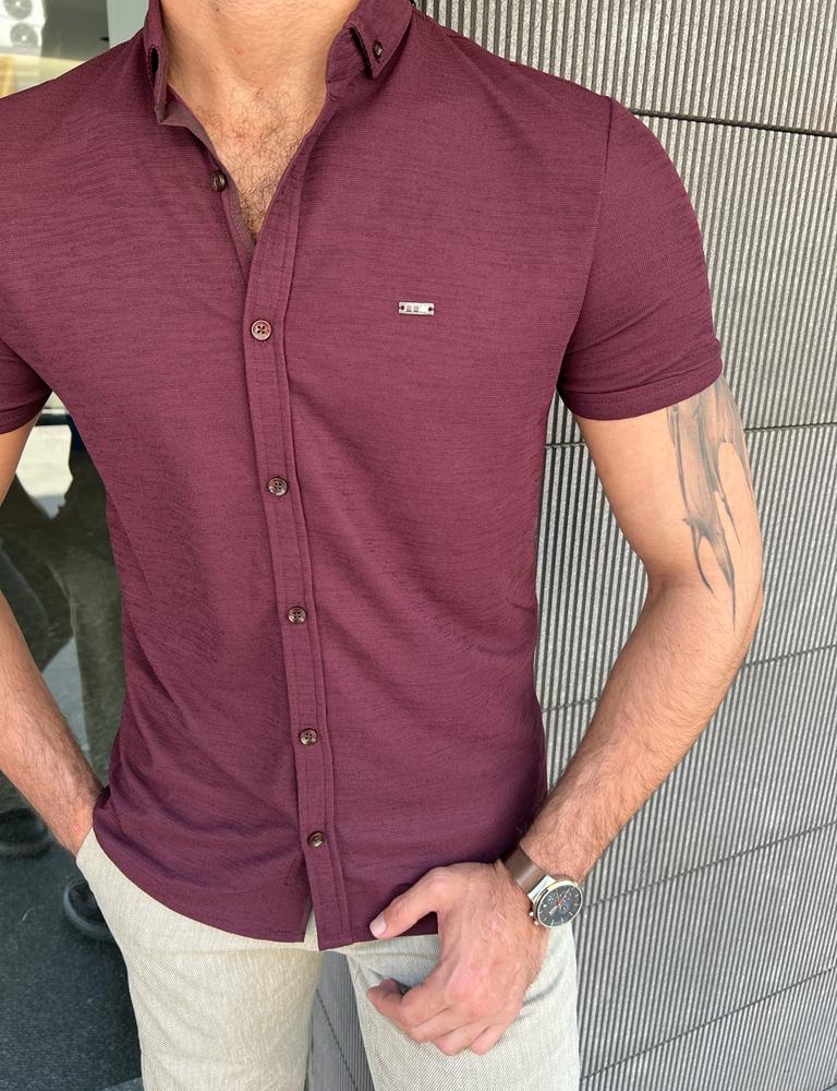 Burgundy Slim Fit Short Sleeve Shirt for Men by GentWith.com with Free Worldwide Shipping