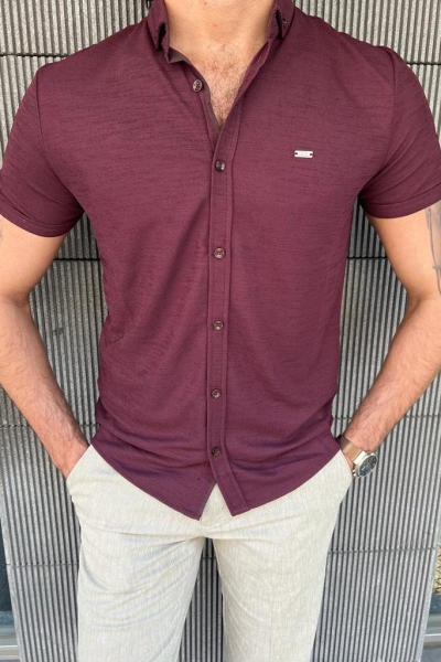 Burgundy Slim Fit Short Sleeve Shirt for Men by GentWith.com with Free Worldwide Shipping