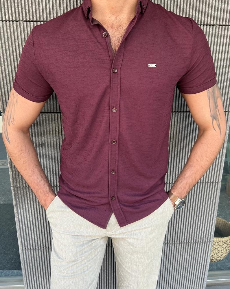 Burgundy Slim Fit Short Sleeve Shirt for Men by GentWith.com with Free Worldwide Shipping