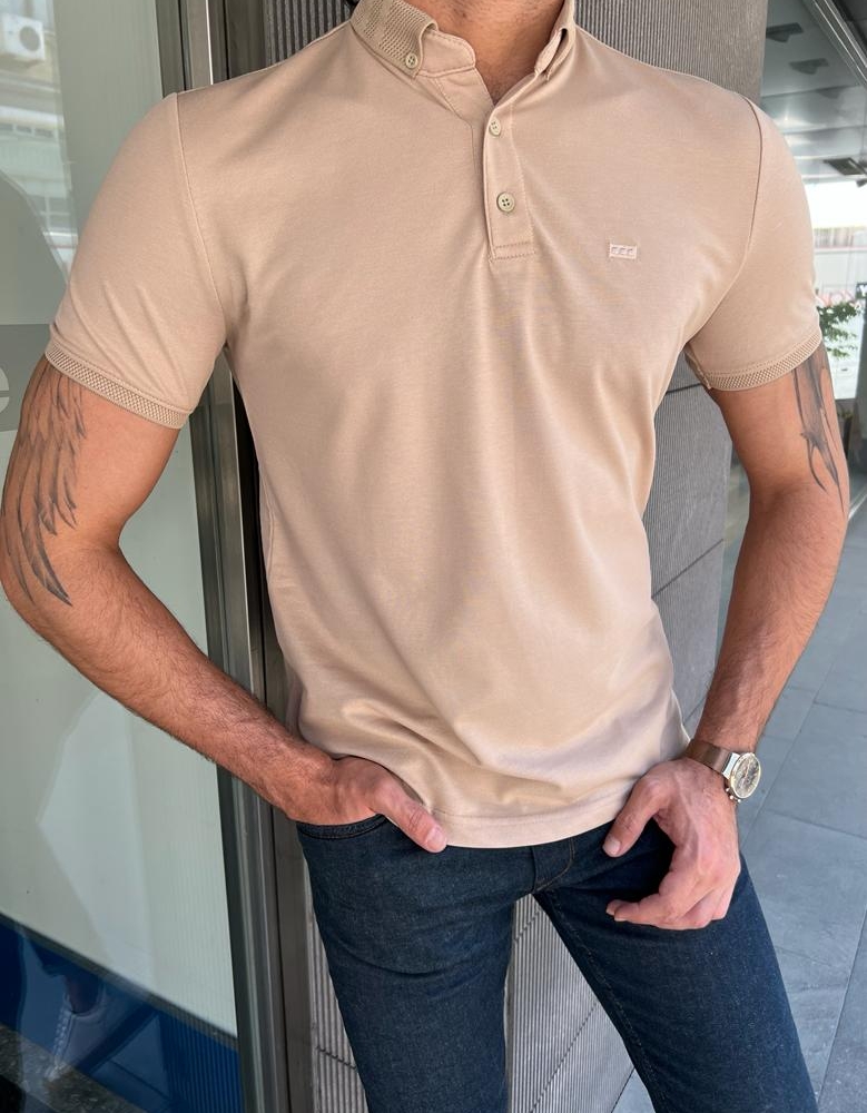 Beige Slim Fit Polo T-Shirt for Men by GentWith.com with Free Worldwide Shipping