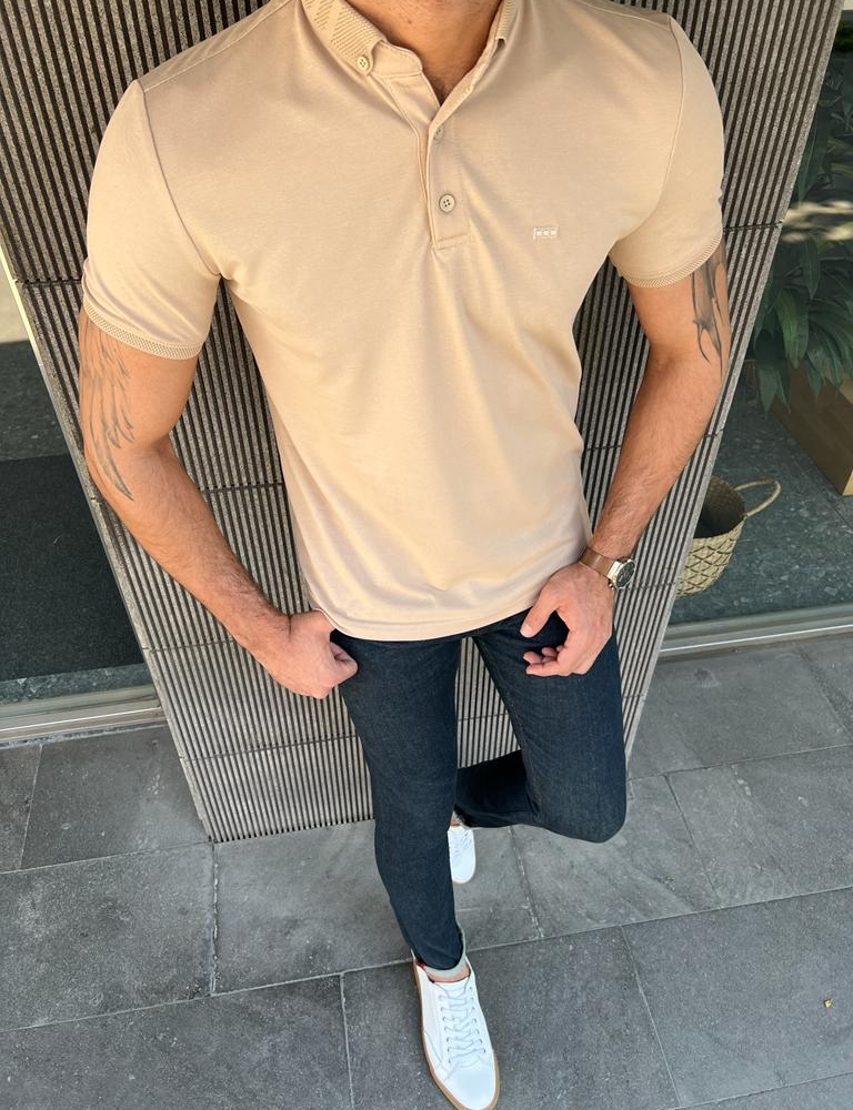 Beige Slim Fit Polo T-Shirt for Men by GentWith.com with Free Worldwide Shipping