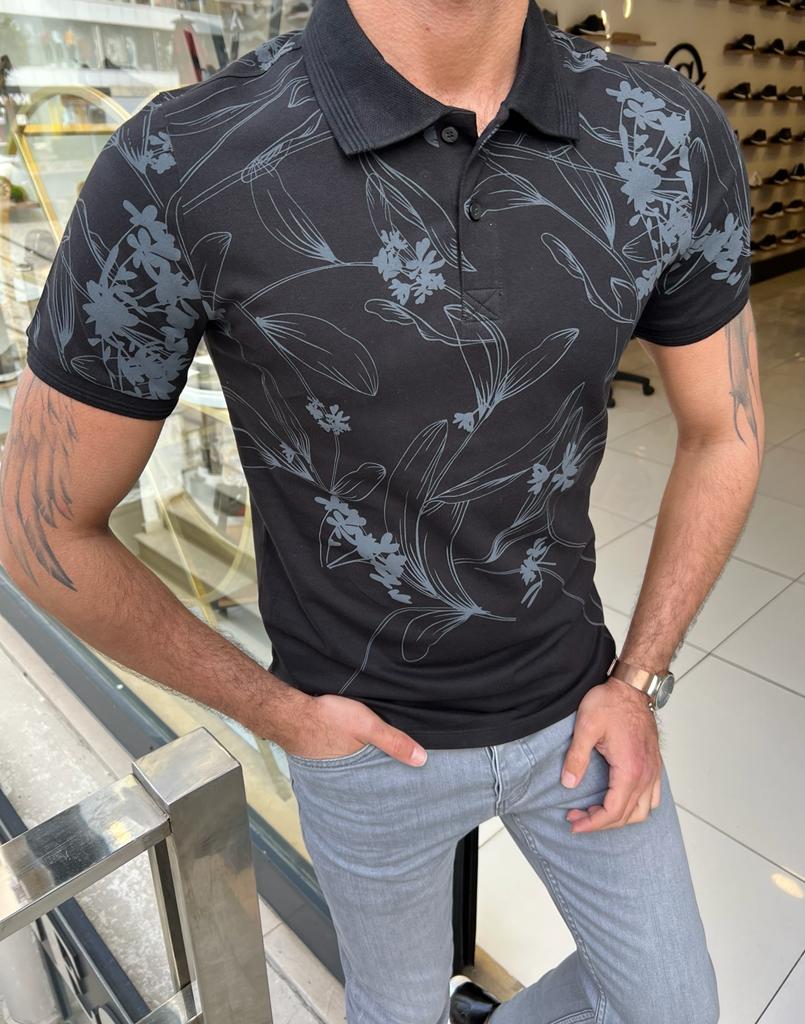 GentWith Laughlin Black Slim Fit Floral Polo T-Shirt 