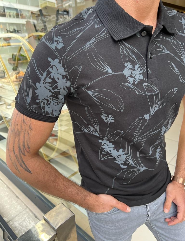 Black Slim Fit Floral Polo T-Shirt for Men by GentWith.com with Free Worldwide Shipping