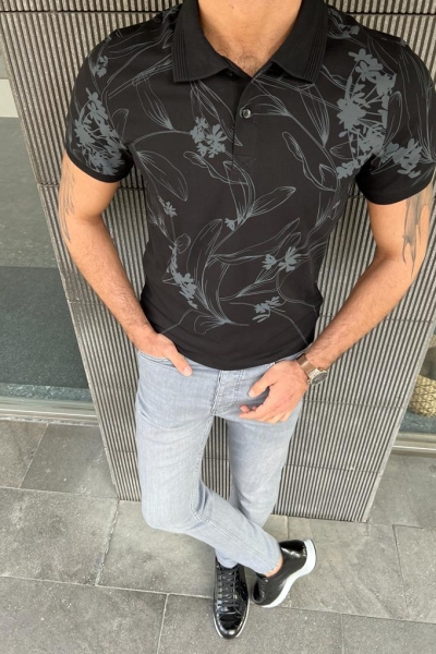 Black Slim Fit Floral Polo T-Shirt for Men by GentWith.com with Free Worldwide Shipping