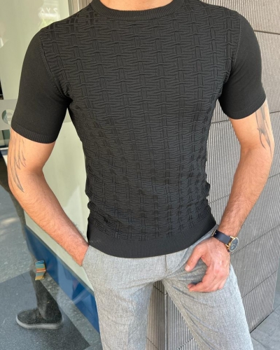 Black Slim Fit Patterned Round Neck T-Shirt for Men by GentWith.com with Free Worldwide Shipping