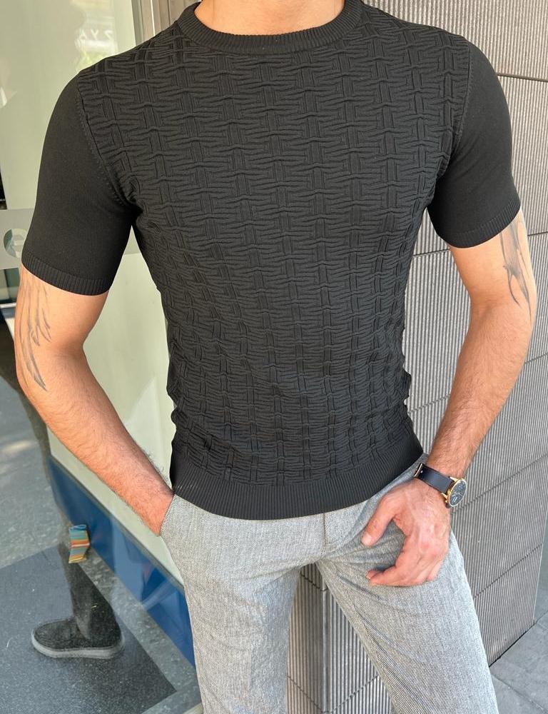 Black Slim Fit Patterned Round Neck T-Shirt for Men by GentWith.com with Free Worldwide Shipping