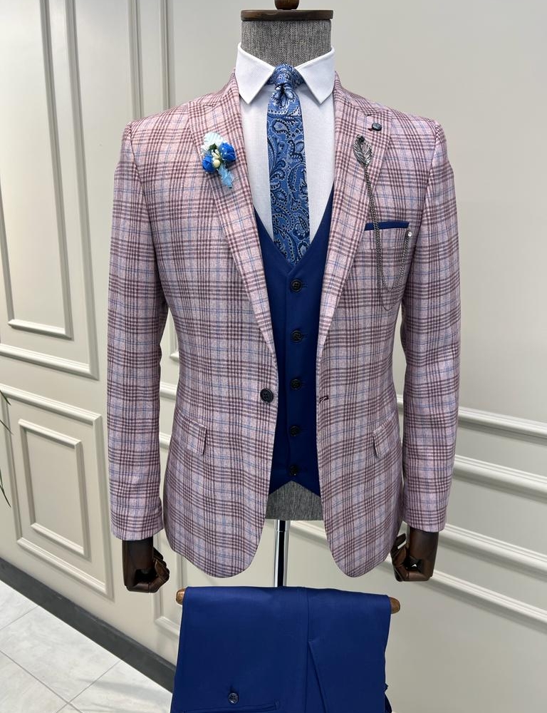 Burgundy Blue Italian Designed Slim Fit Peak Lapel Plaid Suit by GentWith