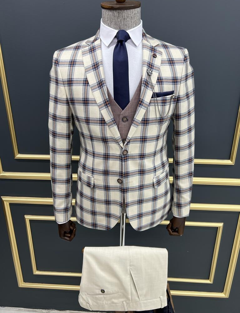 Cream Slim Fit Notch Lapel Plaid Suit for Men by GentWith.com with Free Worldwide Shipping