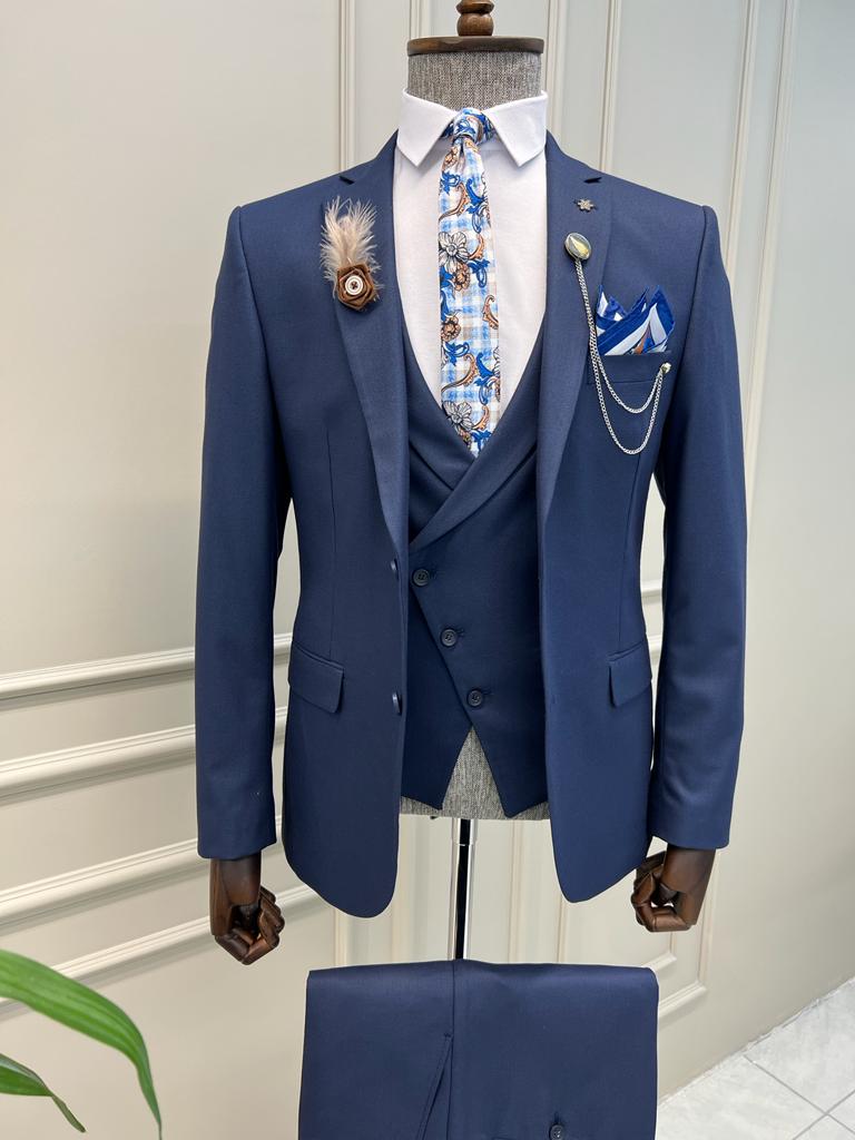 Navy Blue Italian Designed Slim Fit Notch Lapel Suit by GentWith.com