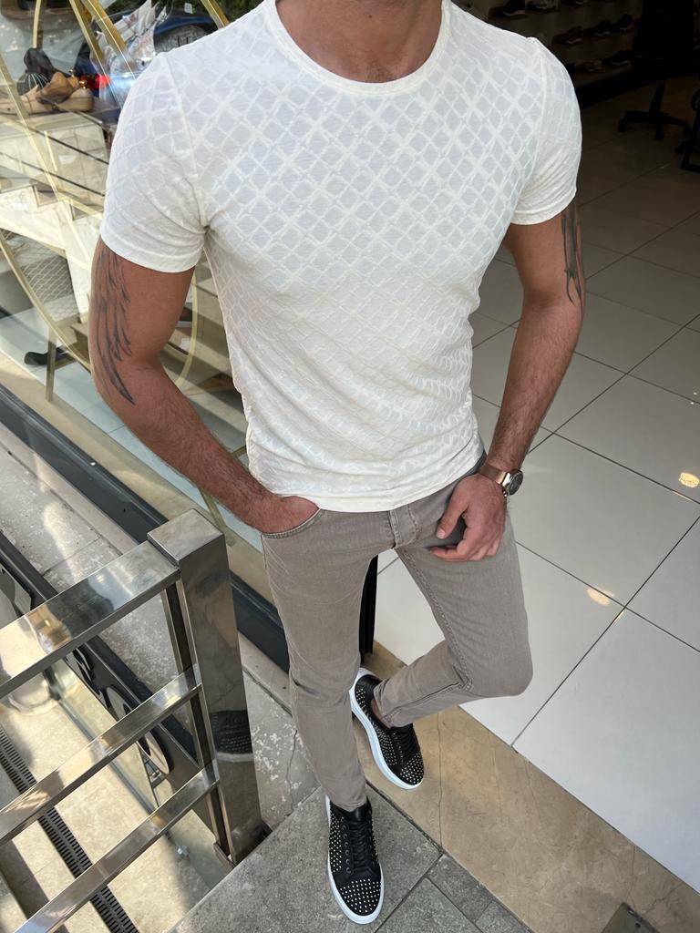 GentWith Laughlin White Slim Fit Cross Pattern Round Neck T-Shirt - GENT  WITH