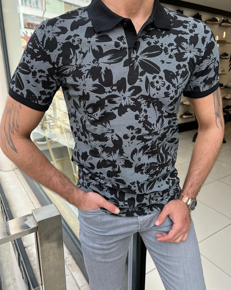 Black Slim Fit Floral Polo T-Shirt for Men by GentWith.com with Free Worldwide Shipping