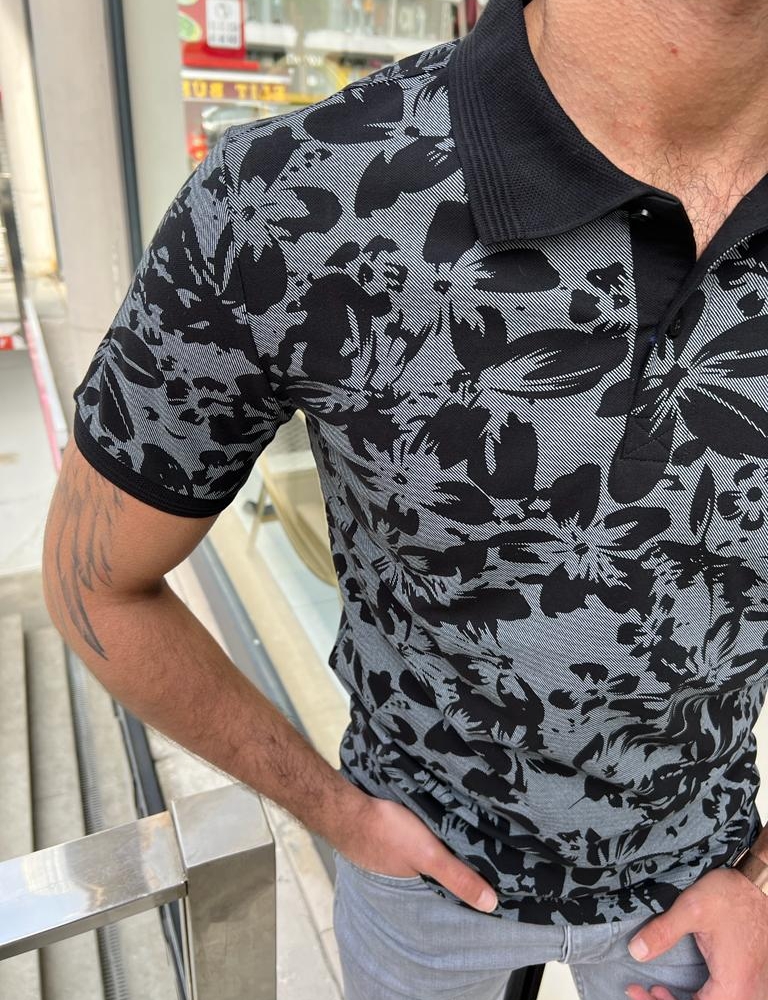 Black Slim Fit Floral Polo T-Shirt for Men by GentWith.com with Free Worldwide Shipping