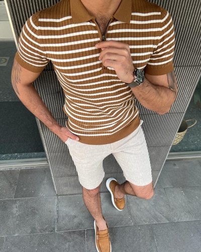 Brown Slim Fit Striped Polo T-Shirt for Men by GentWith.com with Free Worldwide Shipping