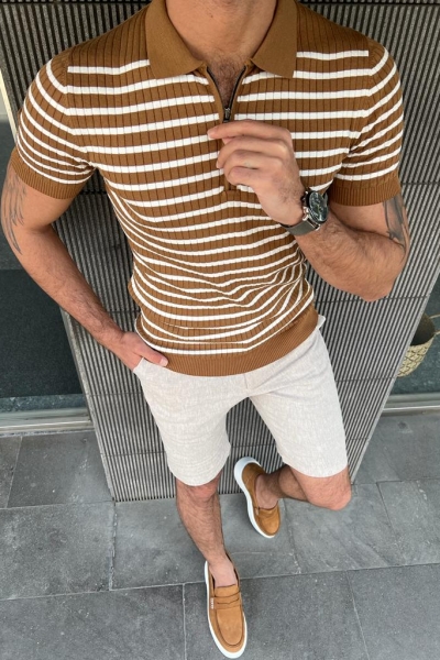 Brown Slim Fit Striped Polo T-Shirt for Men by GentWith.com with Free Worldwide Shipping