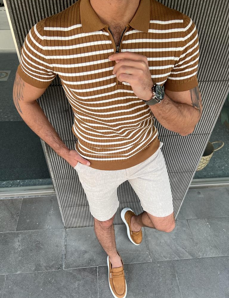 Brown Slim Fit Striped Polo T-Shirt for Men by GentWith.com with Free Worldwide Shipping