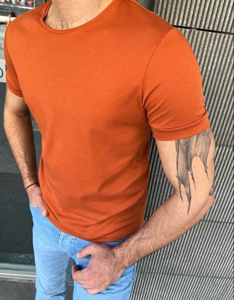 Orange Slim Fit Round Neck T-Shirt for Men by GentWith.com with Free Worldwide Shipping