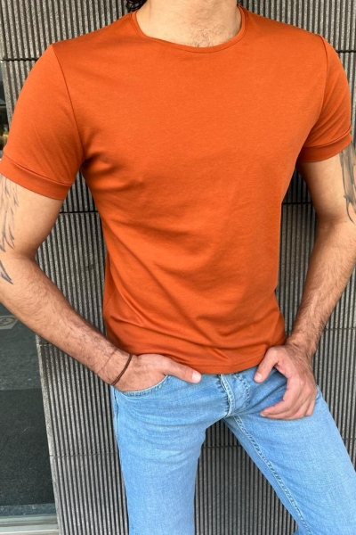 Orange Slim Fit Round Neck T-Shirt for Men by GentWith.com with Free Worldwide Shipping