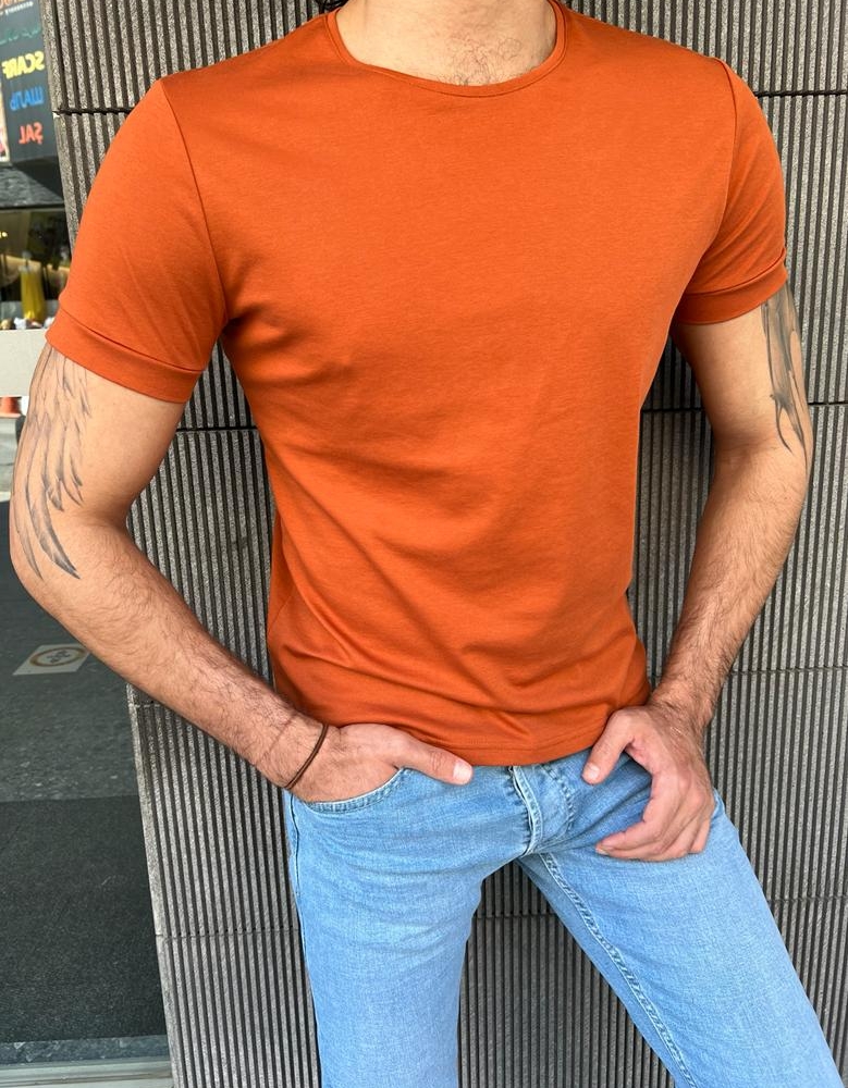 Orange Slim Fit Round Neck T-Shirt for Men by GentWith.com with Free Worldwide Shipping
