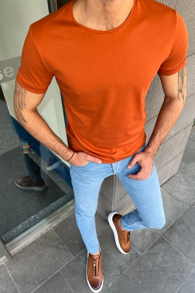 Orange Slim Fit Round Neck T-Shirt for Men by GentWith.com with Free Worldwide Shipping