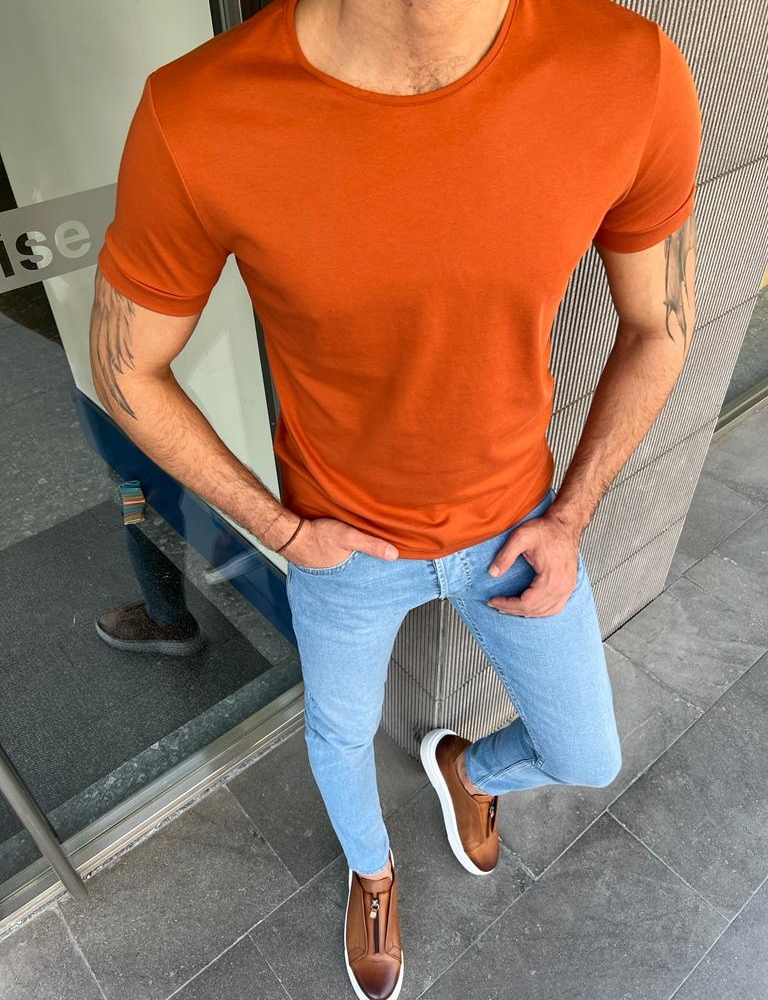 Orange Slim Fit Round Neck T-Shirt for Men by GentWith.com with Free Worldwide Shipping