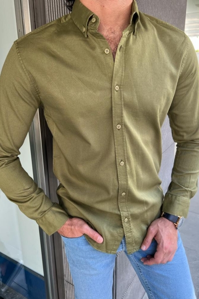 Khaki Slim Fit Long Sleeve Casual Shirt for Men by GentWith.com with Free Worldwide Shipping