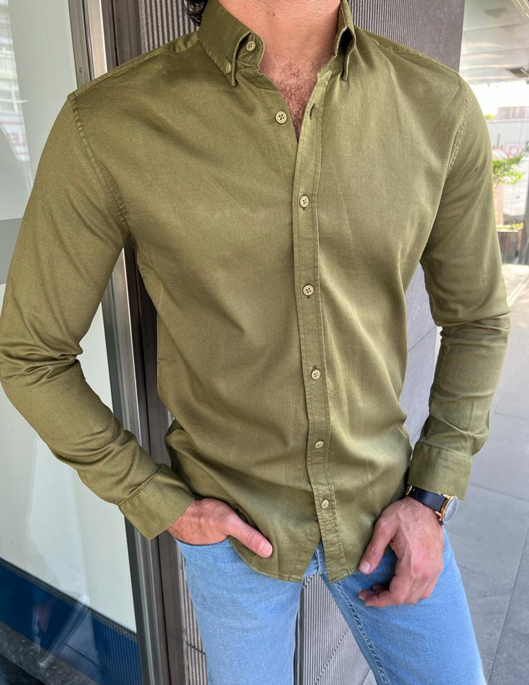 Khaki Slim Fit Long Sleeve Casual Shirt for Men by GentWith.com with Free Worldwide Shipping