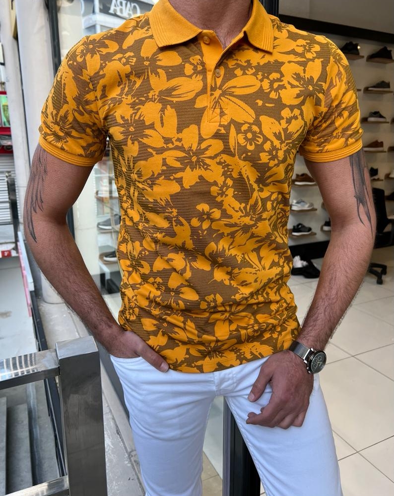 Mustard Slim Fit Floral Polo T-Shirt for Men by GentWith.com with Free Worldwide Shipping