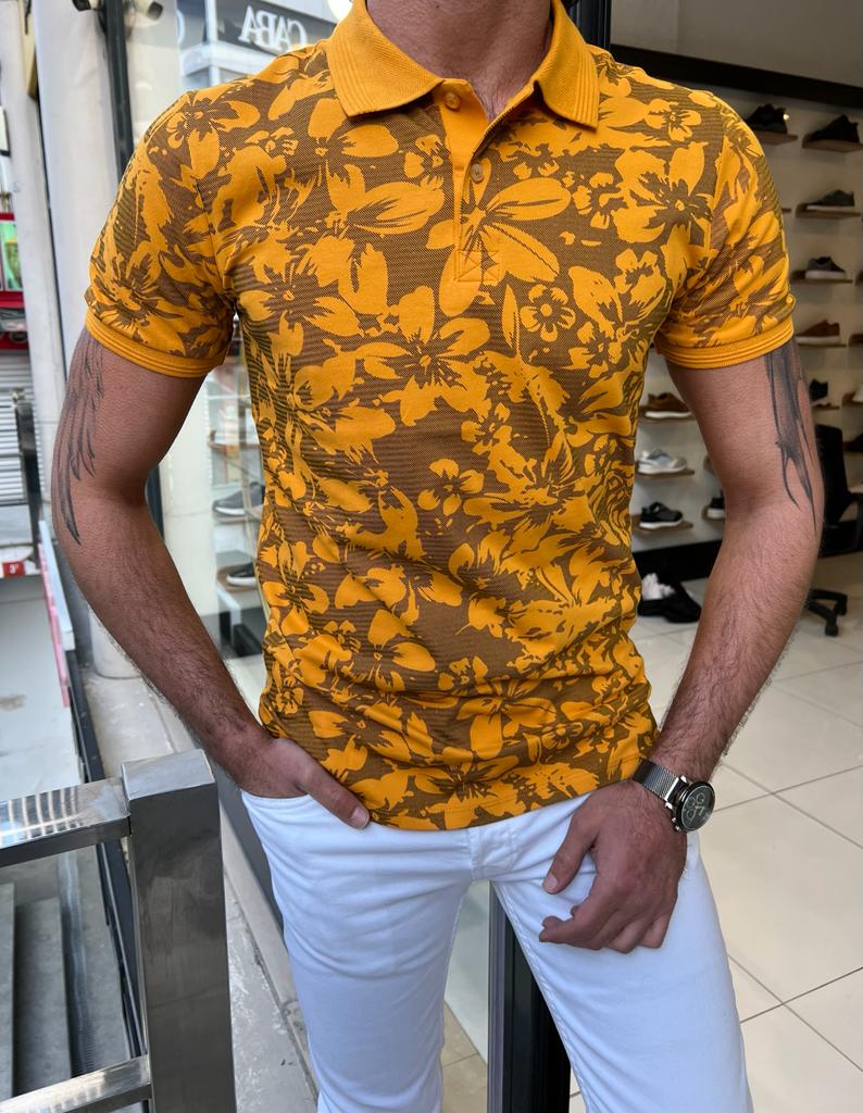 GentWith Miami Mustard Slim Fit Floral Polo T-Shirt - GENT WITH