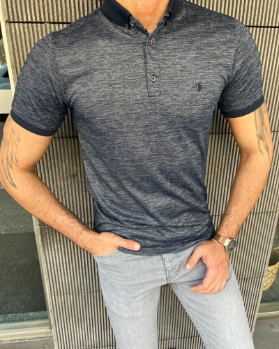 Navy Blue Slim Fit Crosshatch Polo T-Shirt for Men by GentWith.com with Free Worldwide Shipping