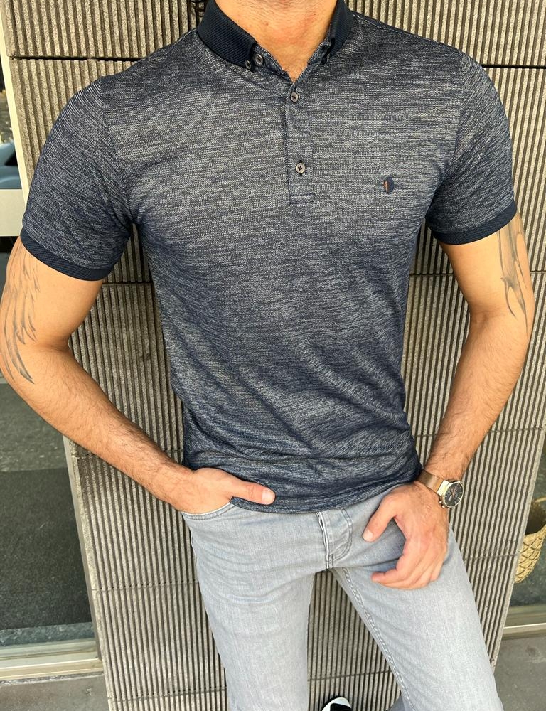 Navy Blue Slim Fit Crosshatch Polo T-Shirt for Men by GentWith.com with Free Worldwide Shipping