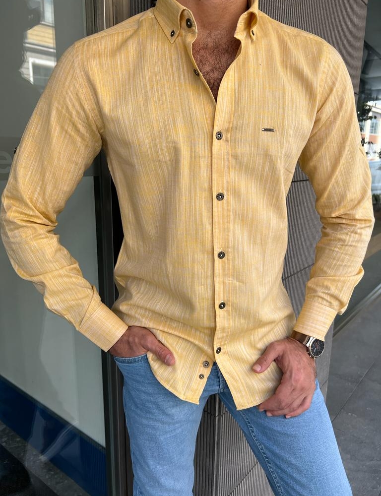 GentWith Miami Yellow Slim Fit Long Sleeve Casual Striped Shirt - GENT WITH