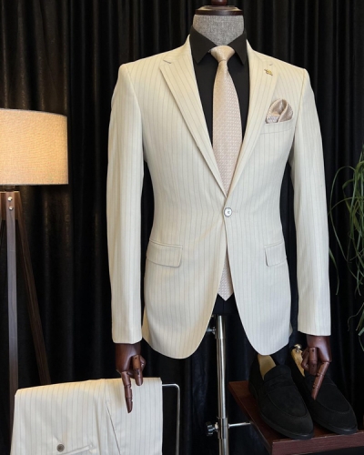 Beige Slim Fit 2 Piece Peak Lapel Pinstripe Suit for Men by GentWith.com with Free Worldwide Shipping