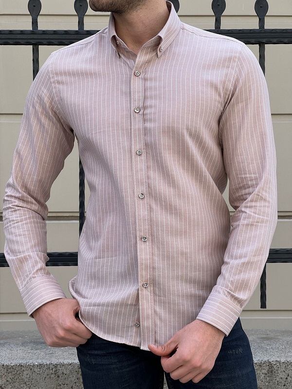 Beige Slim Fit Pinstripe Cotton Shirt for Men by GentWith.com with Free Worldwide Shipping