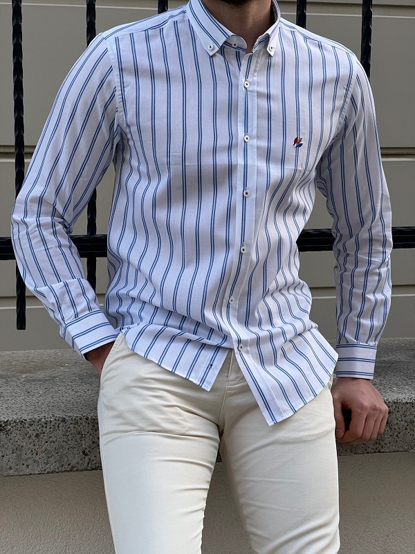 White Slim Fit Striped Cotton Shirt for Men by GentWith.com with Free Worldwide Shipping