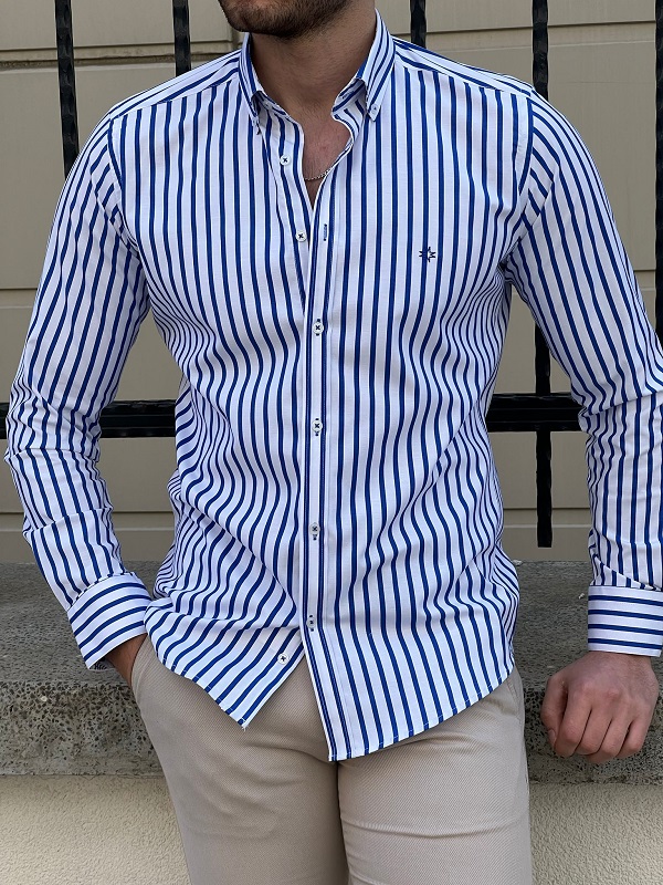 Blue Slim Fit Striped Shirt for Men by GentWith.com with Free Worldwide Shipping