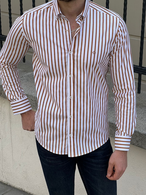 Rust Slim Fit Striped Shirt for Men by GentWith.com with Free Worldwide Shipping