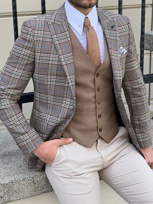 GentWith Rockford Beige Slim Fit Peak Lapel Plaid Check Wool Suit ...