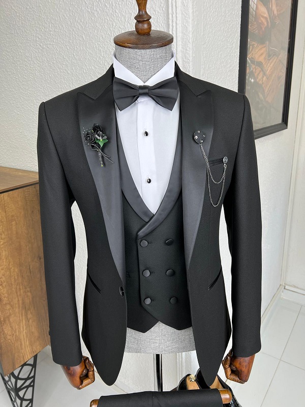 Black Slim Fit Peak Lapel Tuxedo for Men by GentWith.com with Free Worldwide Shipping