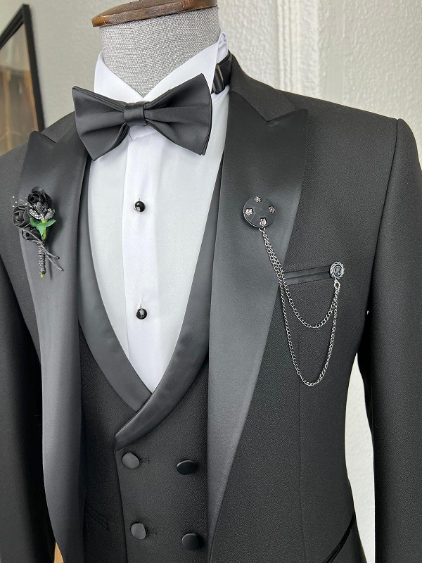 Black Slim Fit Peak Lapel Tuxedo for Men by GentWith.com with Free Worldwide Shipping