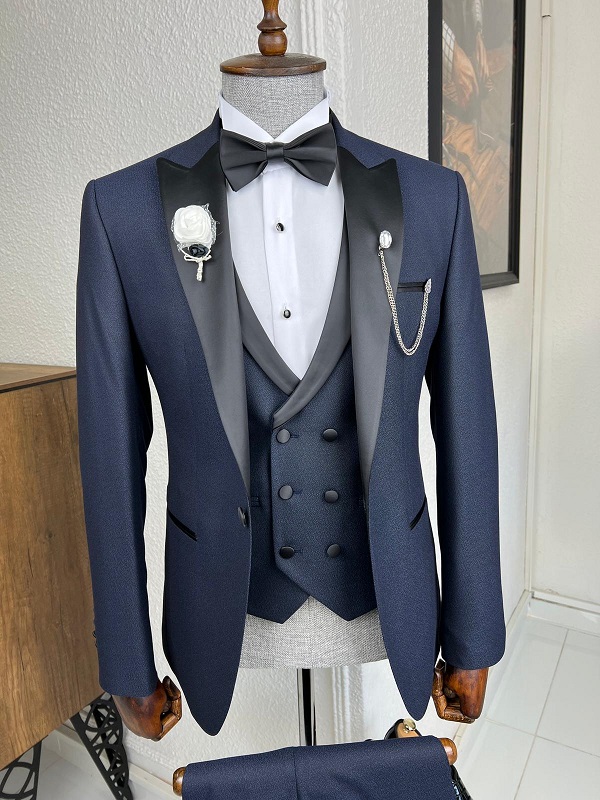 Blue Slim Fit Peak Lapel Tuxedo for Men by GentWith.com with Free Worldwide Shipping