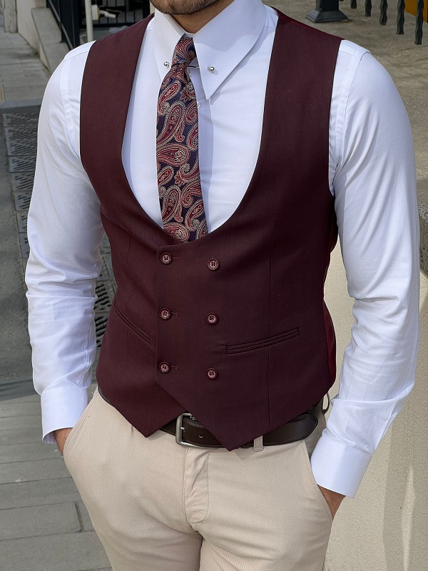 Burgundy Slim Fit Double Breasted Wool Vest for Men by GentWith.com with Free Worldwide Shipping