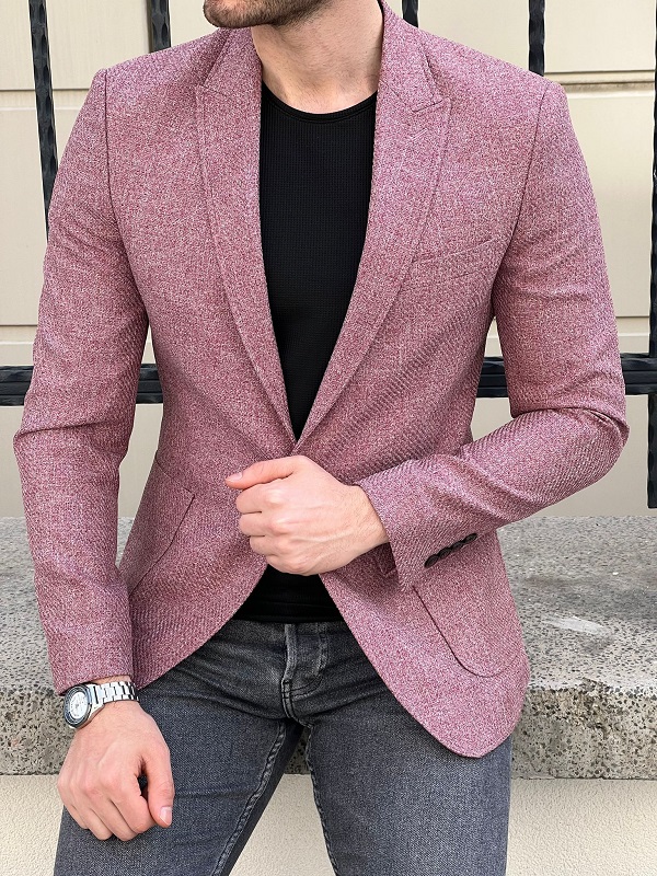 Burgundy Slim Fit Peak Lapel Wool Blazer for Men by GentWith.com with Free Worldwide Shipping