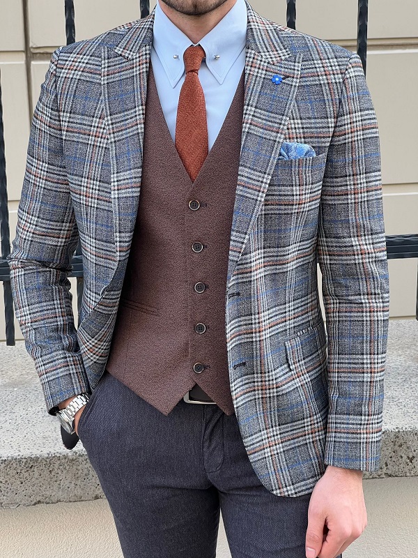 GentWith Rockford Gray Slim Fit Peak Lapel Plaid Check Wool Blazer ...