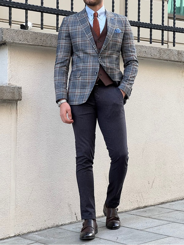 GentWith Rockford Gray Slim Fit Peak Lapel Plaid Check Wool Suit - GENT ...