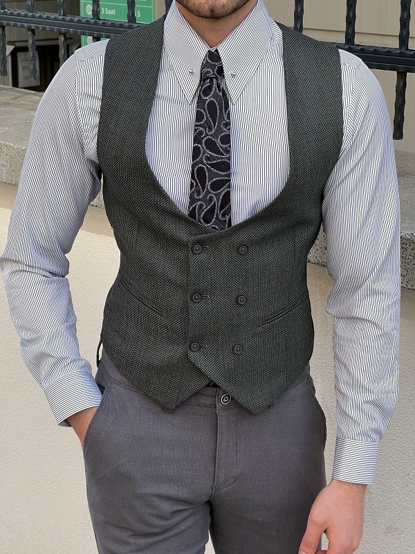 Green Slim Fit Double Breasted Wool Vest for Men by GentWith.com with Free Worldwide Shipping