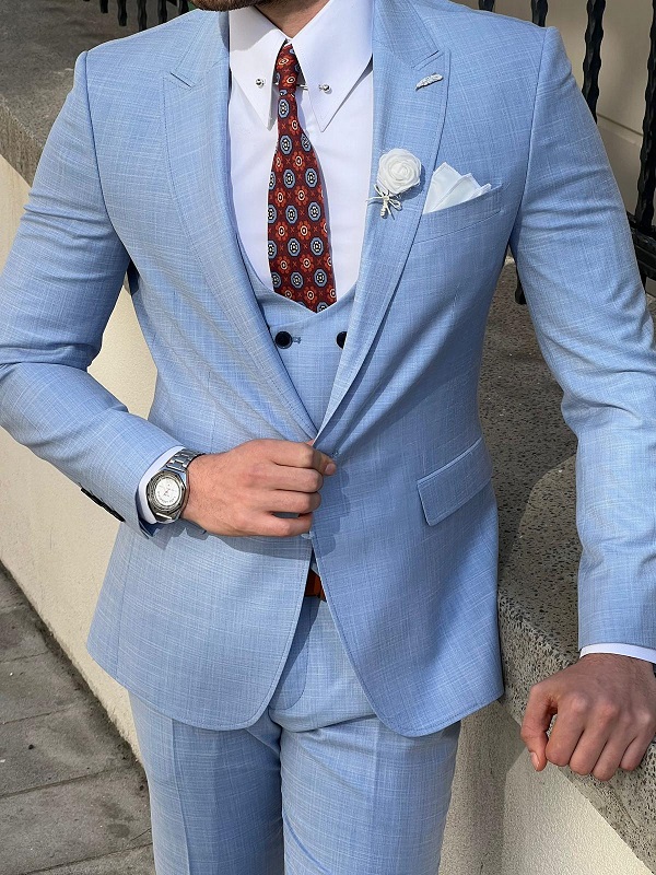 GentWith Rockford Sky Blue Slim Fit Peak Lapel Wool Suit - GENT WITH